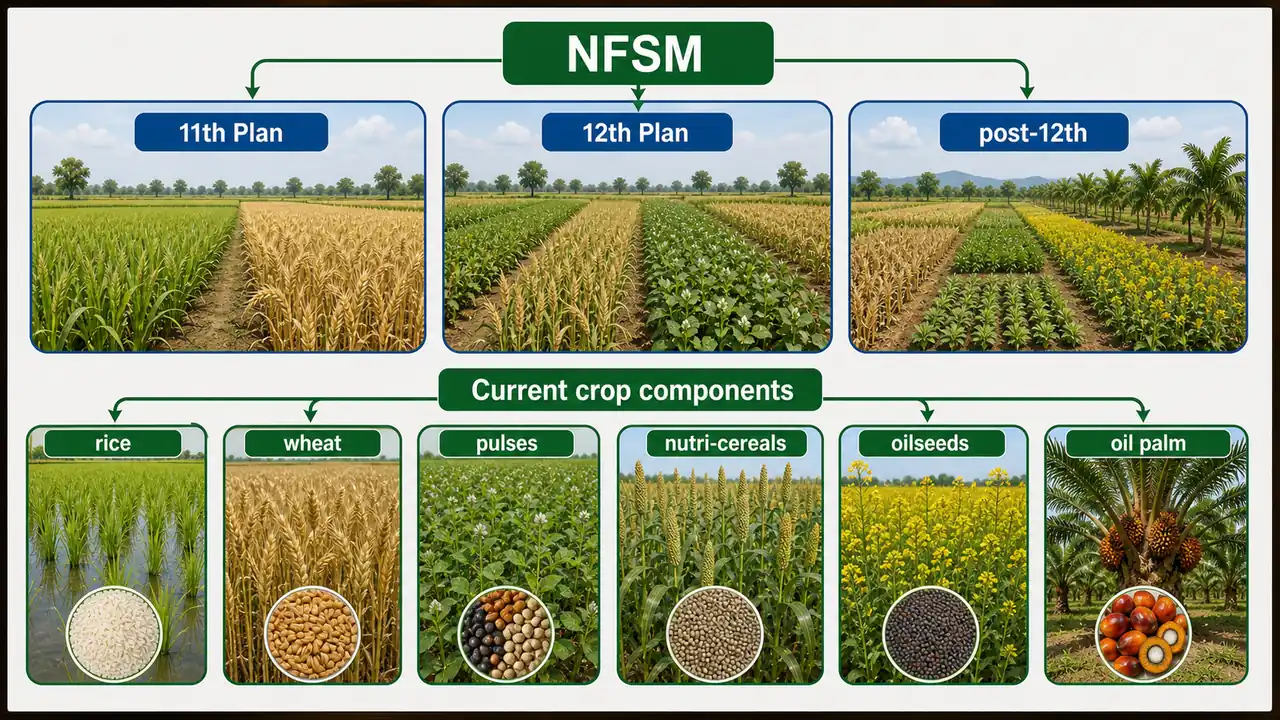 NFSM target phases and current components covering rice, wheat, pulses, nutri-cereals, oilseeds, and oil palm