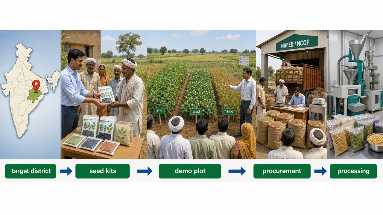 Extension flow of the pulses mission from target district selection to seed kits, demonstration plots, procurement, and processing