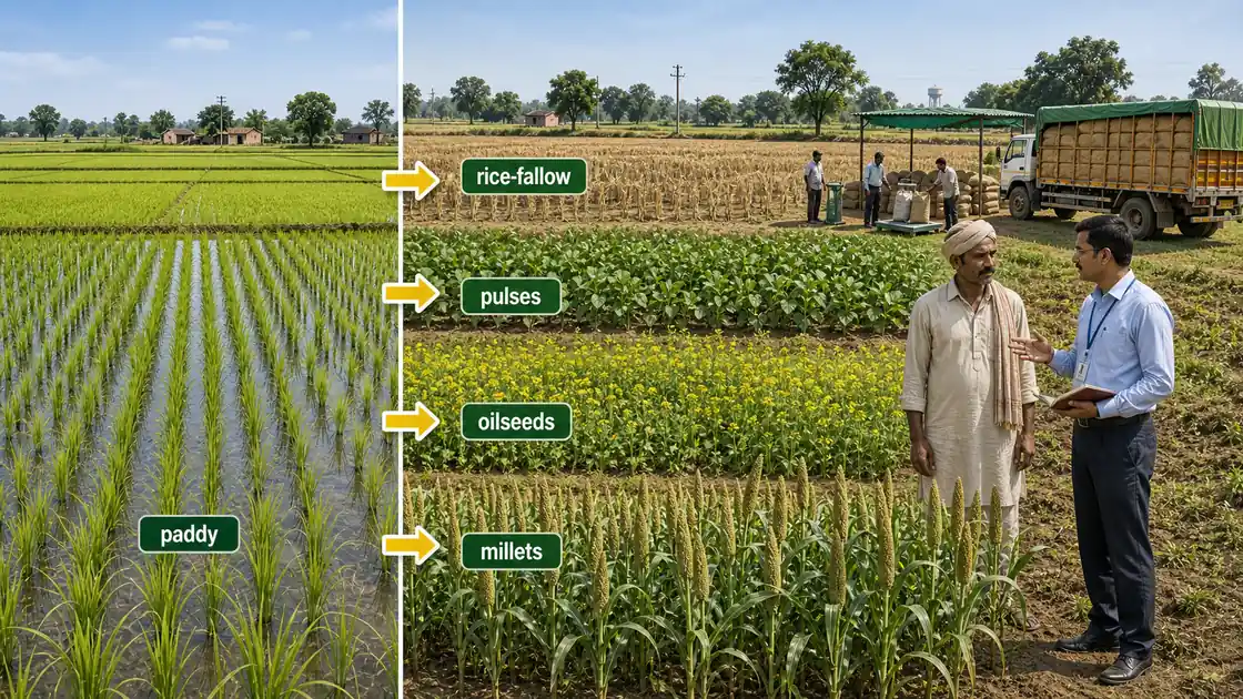 Crop diversification from paddy to pulses, oilseeds, and millets with extension guidance and market linkage