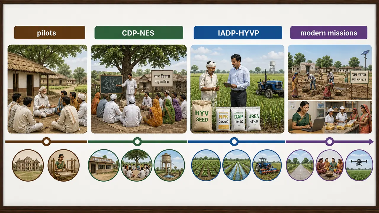 Timeline grouping Indian extension projects into pilots, CDP-NES, IADP-HYVP, and modern missions