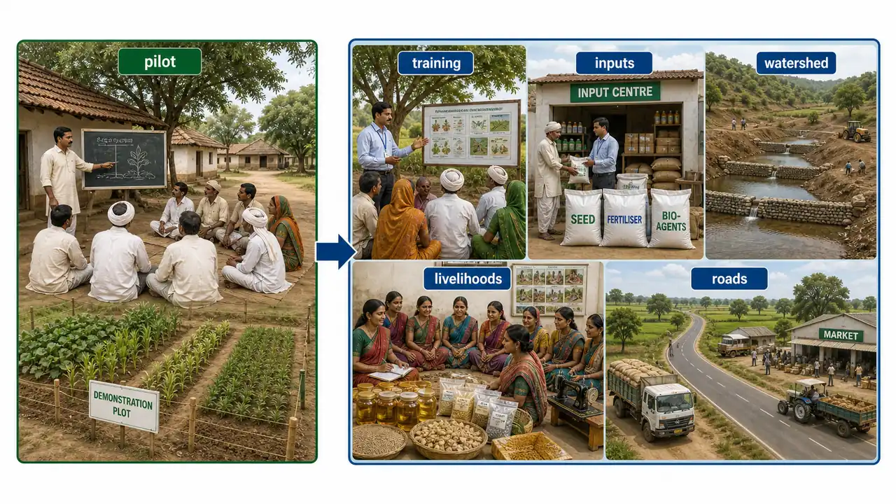 Shift from village pilot projects to training, inputs, watershed work, livelihoods, and rural infrastructure missions
