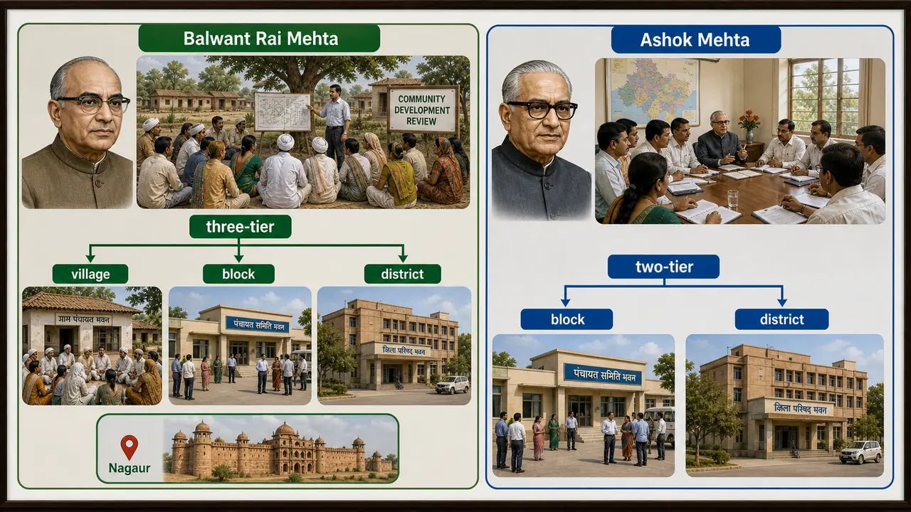 Comparison of Balwant Rai Mehta three-tier Panchayat Raj and Ashok Mehta two-tier recommendation