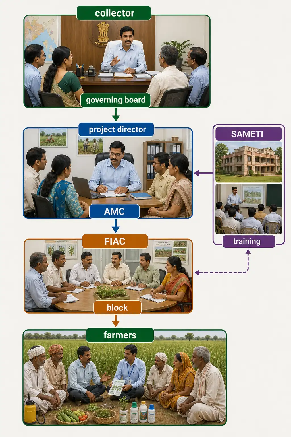 ATMA hierarchy showing collector-led governing board, AMC with project director, FIAC at block level, farmers, and SAMETI training support