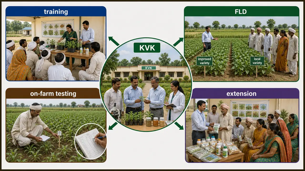 KVK mandates showing training, front-line demonstration, on-farm testing, and extension activities