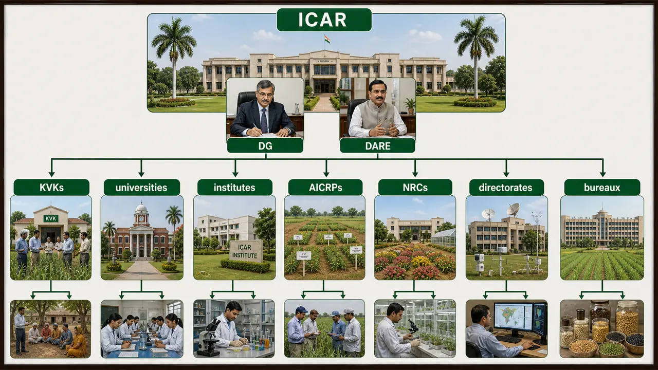 ICAR system map showing the apex body linked to KVKs, universities, institutes, AICRPs, NRCs, directorates, and bureaux