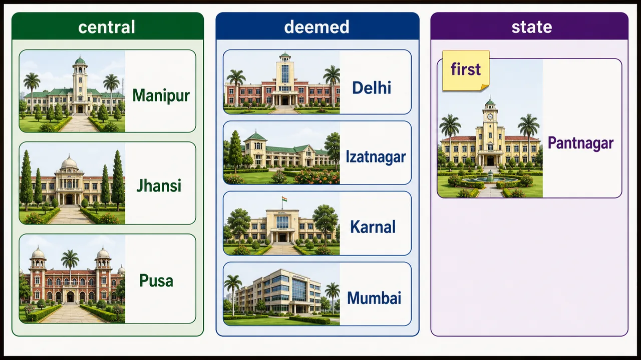 Comparison of central agricultural universities, ICAR deemed universities, and the first state agricultural university at Pantnagar
