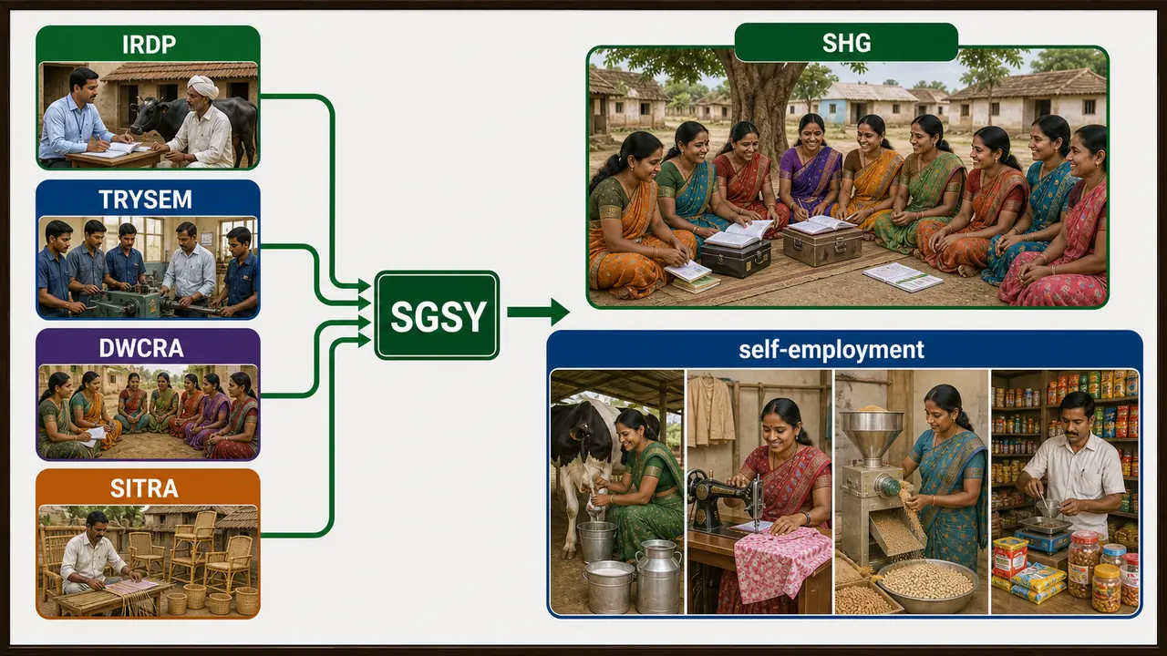 SGSY flow showing IRDP, TRYSEM, DWCRA, and SITRA merging into SHG-based self-employment