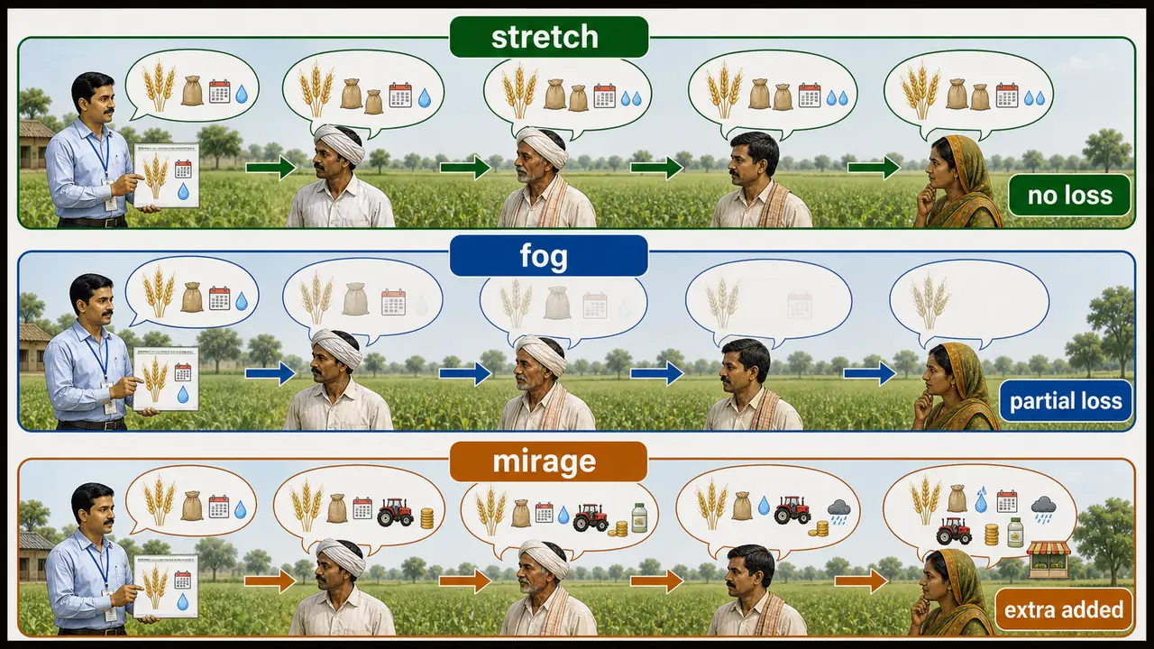 Communication distortion types showing stretch with no loss, fog with partial loss, and mirage with extra added information