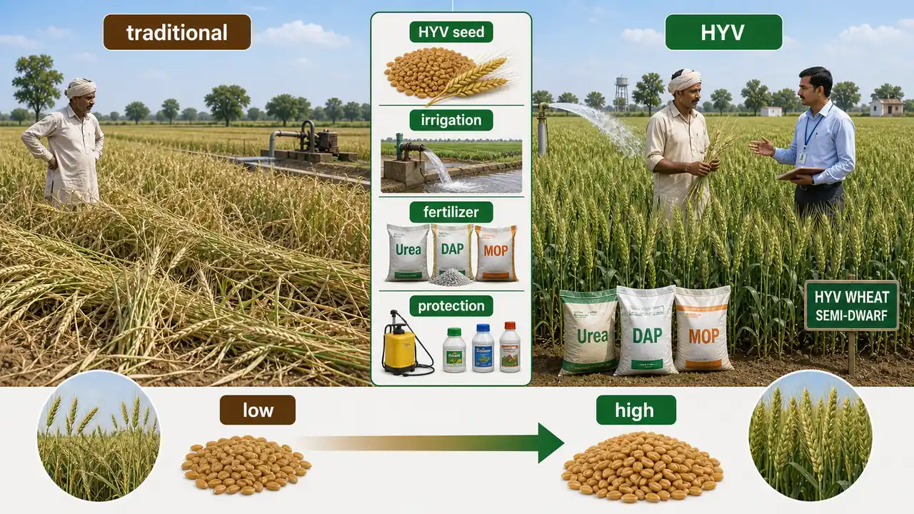 Green Revolution comparison showing traditional wheat versus high-yielding semi-dwarf wheat with irrigation, fertilizer, and crop protection