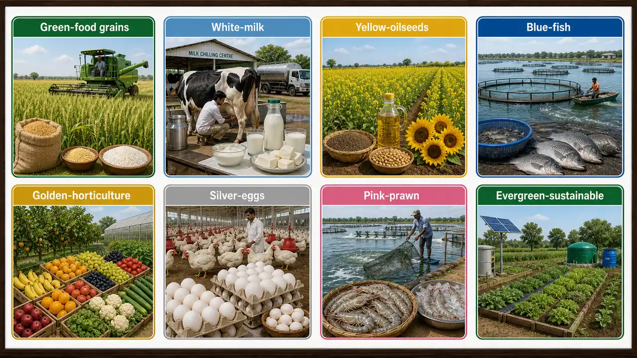 Colour revolutions in Indian agriculture matched with food grains, milk, oilseeds, fish, horticulture, eggs, prawn, and sustainable farming