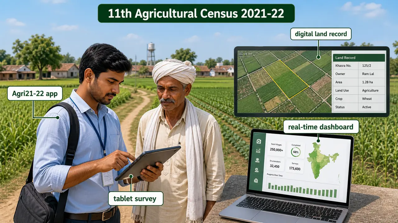 11th Agricultural Census digital enumeration showing tablet survey, Agri21-22 app, digital land record, and real-time dashboard