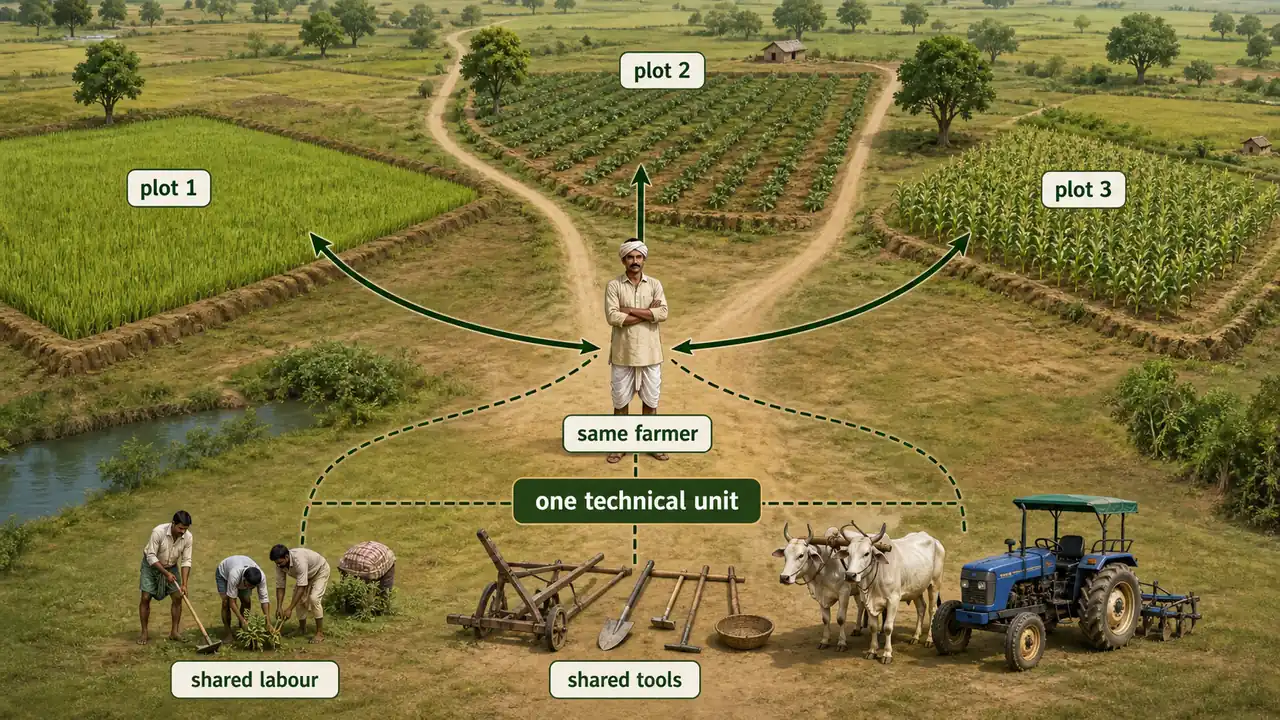 Operational holding in agricultural census showing one farmer managing scattered plots as a single technical unit
