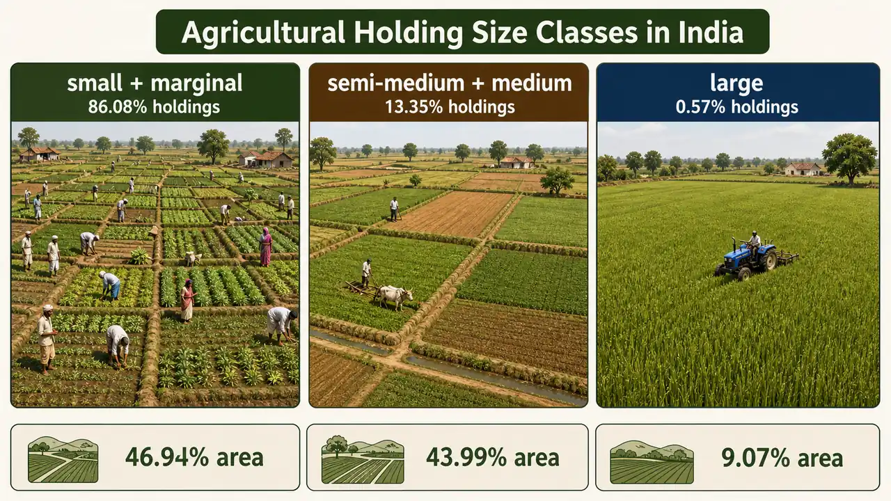 Agricultural holding size classes in India showing small and marginal holdings dominate in number while large holdings remain very few