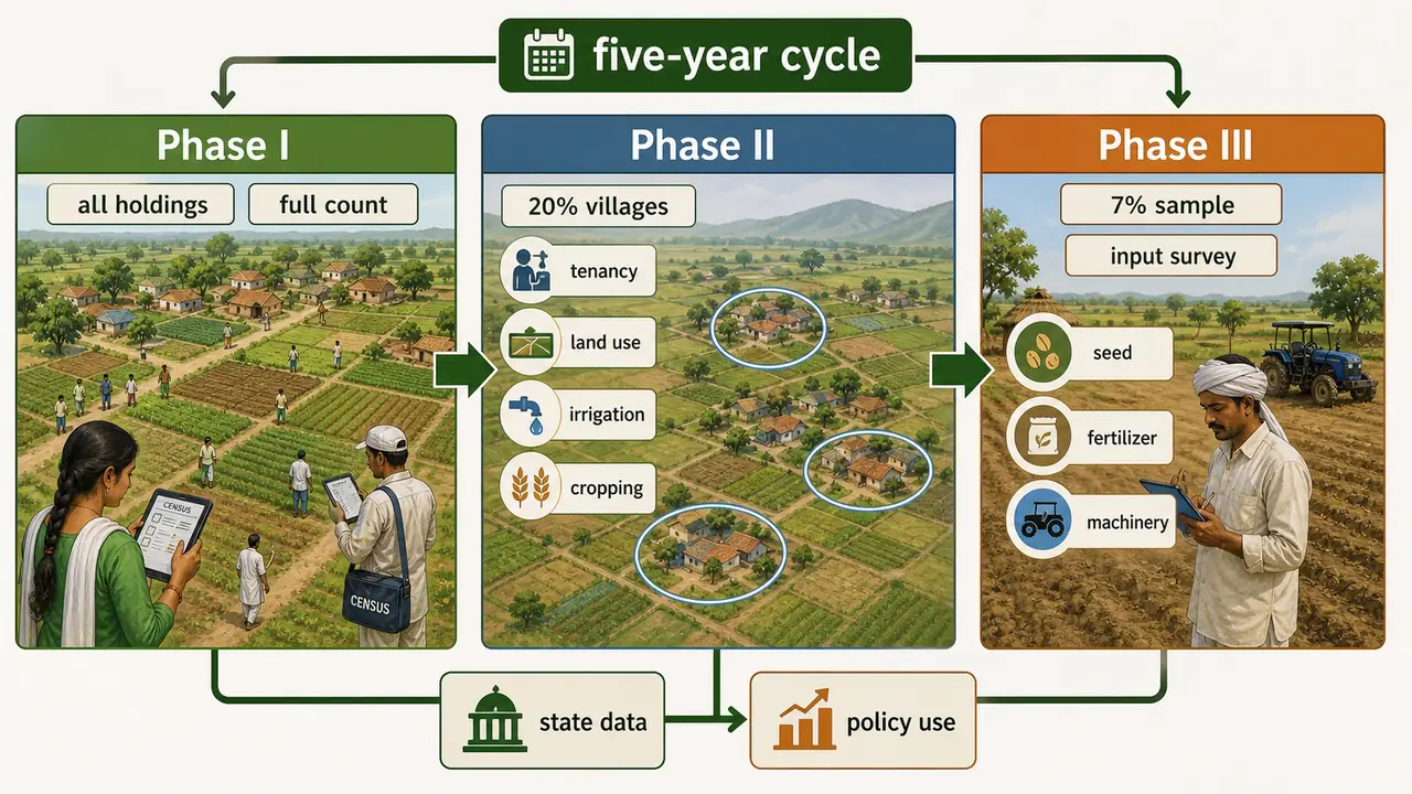 Agricultural Census in India three-phase cycle showing full enumeration, 20 percent village sample, and 7 percent input survey