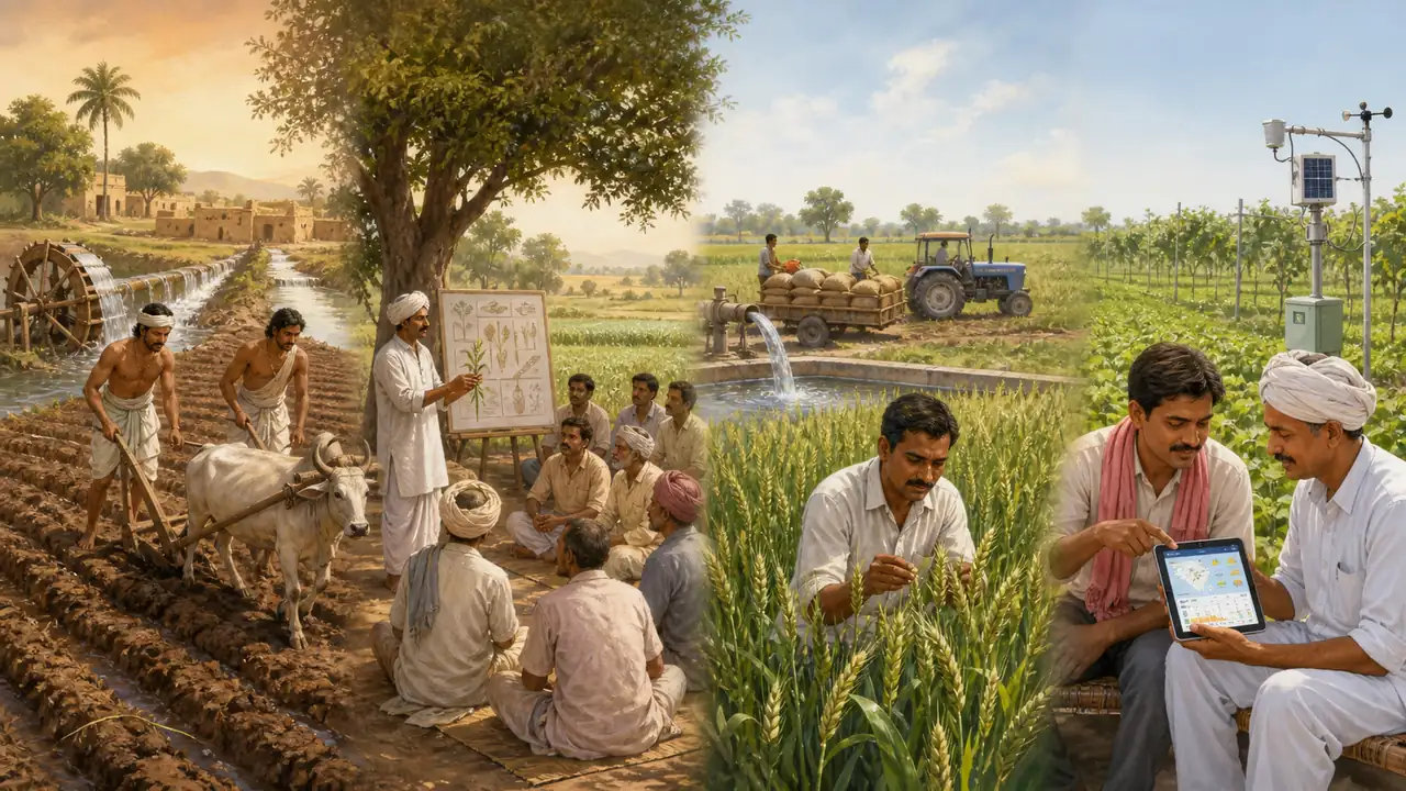 Chronological visual timeline of Indian agriculture from ancient irrigation and crop introduction to Green Revolution and modern extension