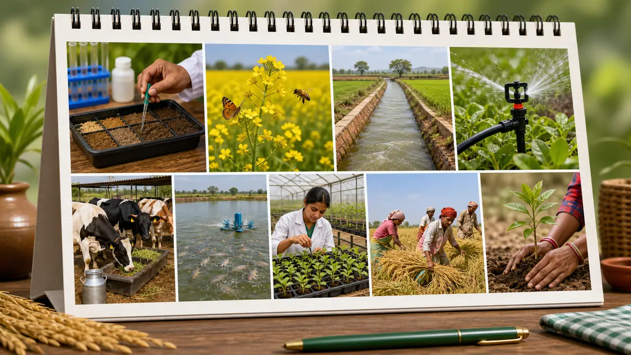 Agriculture observances collage covering soil, pollination, irrigation, dairy, fisheries, farmers, and agricultural research