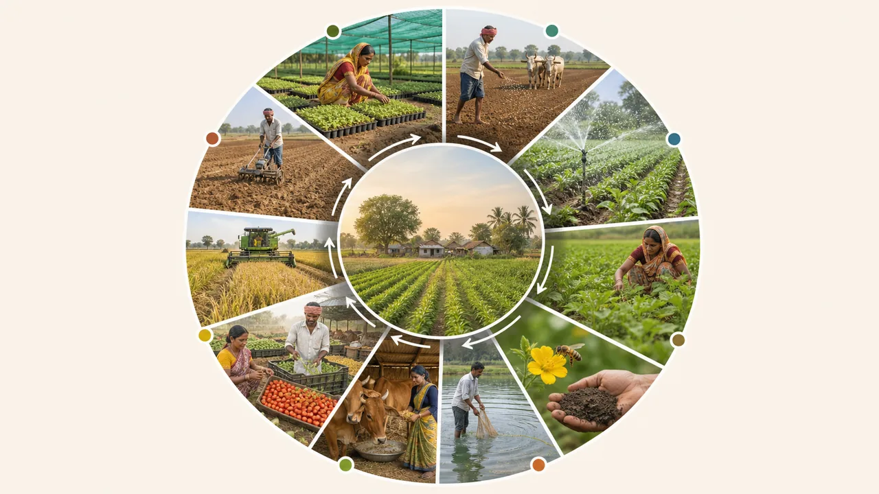 Year-round wheel of agriculture themes including soil care, pollination, water, research, fisheries, dairy, and harvest