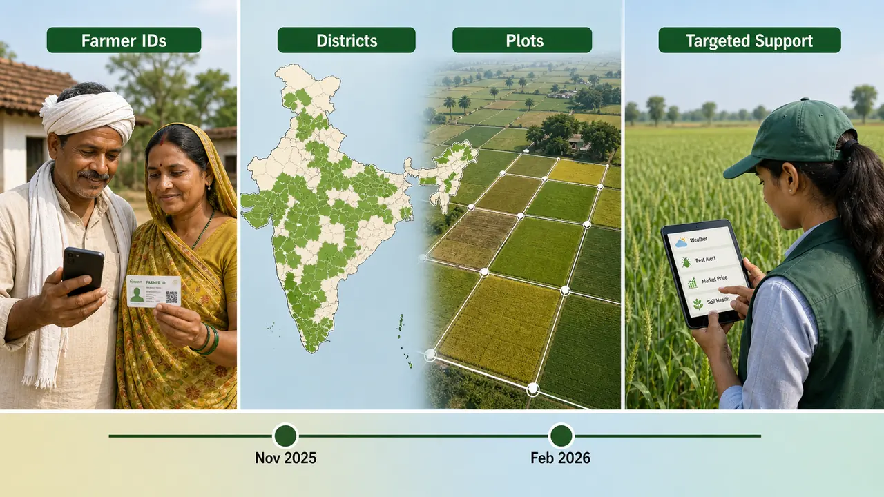 AgriStack educational visual showing farmer ID verification, district coverage map, crop plot mapping, and targeted support in digital crop survey