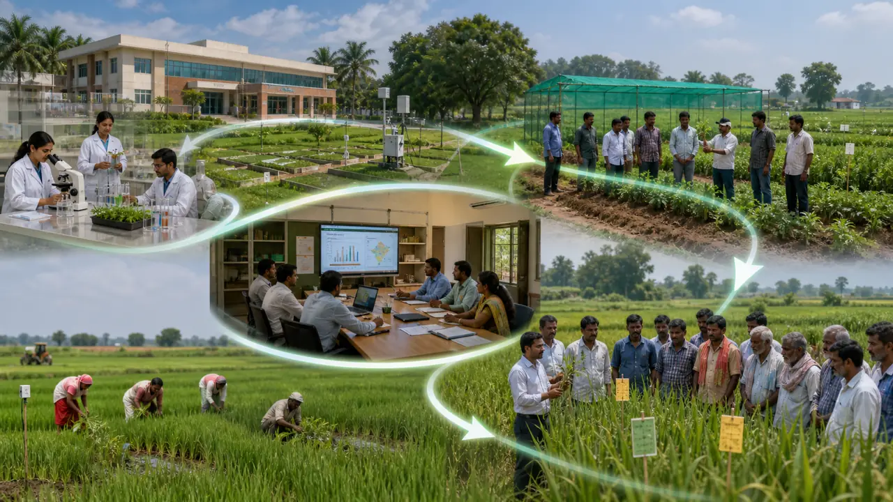 ICAR research institutes, KVK frontline demonstrations, ATMA district coordination, and farmers adopting technologies in the field
