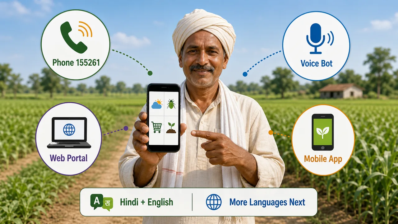 Bharat-VISTAAR lesson visual showing phone 155261, voice bot, web portal, and mobile app as farmer access channels