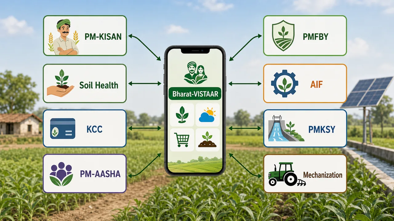 Bharat-VISTAAR convergence image linking PM-KISAN, PMFBY, Soil Health, KCC, AIF, PMKSY, PM-AASHA, and mechanization support