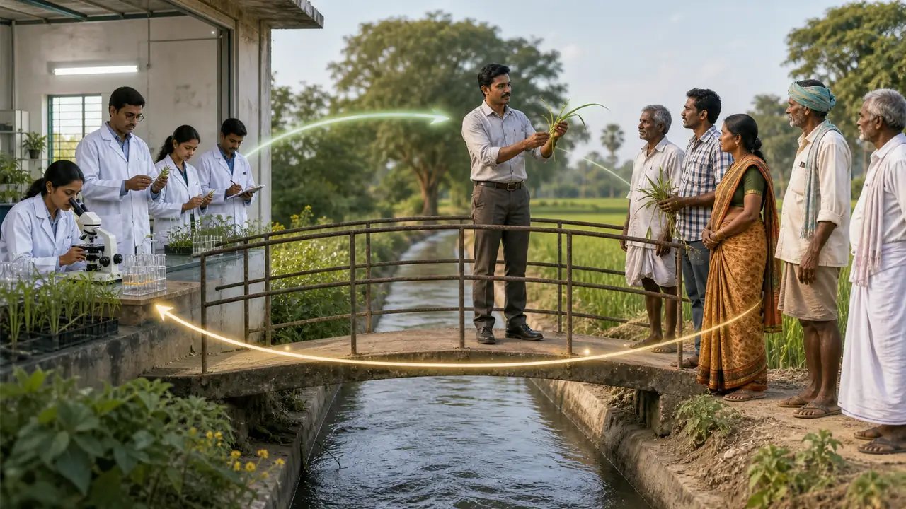 Extension worker linking agricultural research and farmers through field advice and feedback