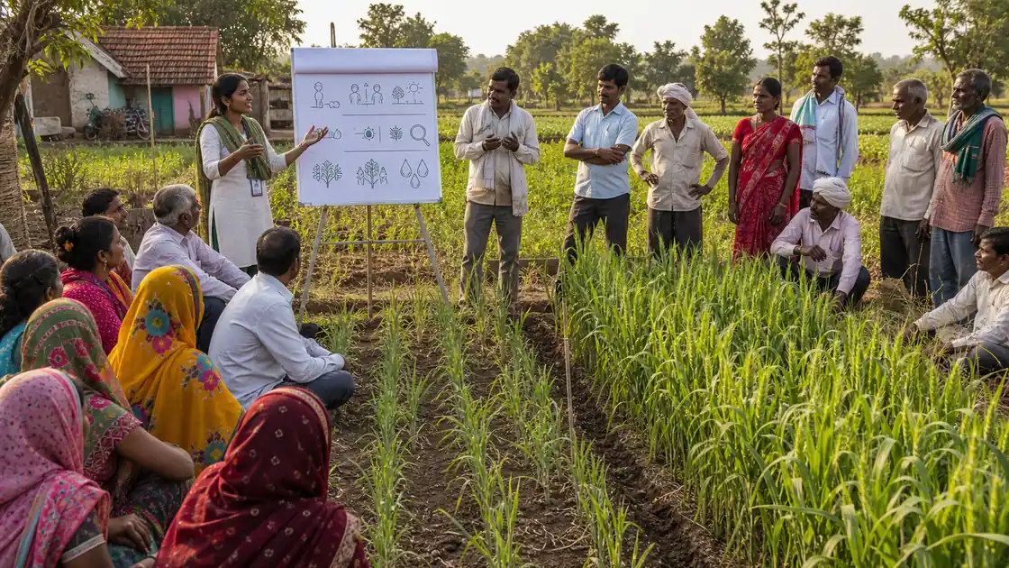 Extension worker and farmers showing participation, local planning, field learning, cooperation, and visible crop improvement