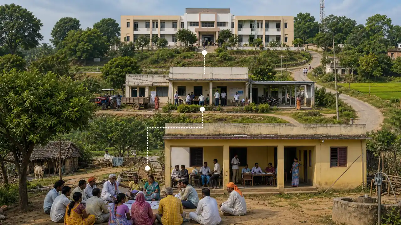 Three-tier Panchayat Raj structure showing Gram Sabha and Gram Panchayat at village level, Panchayat Samiti at block level, and Zila Parishad at district level