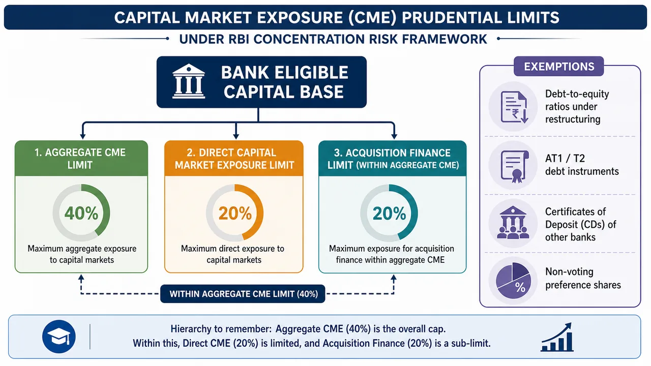 Capital market exposure framework showing aggregate, direct, and acquisition finance limits with exemption categories