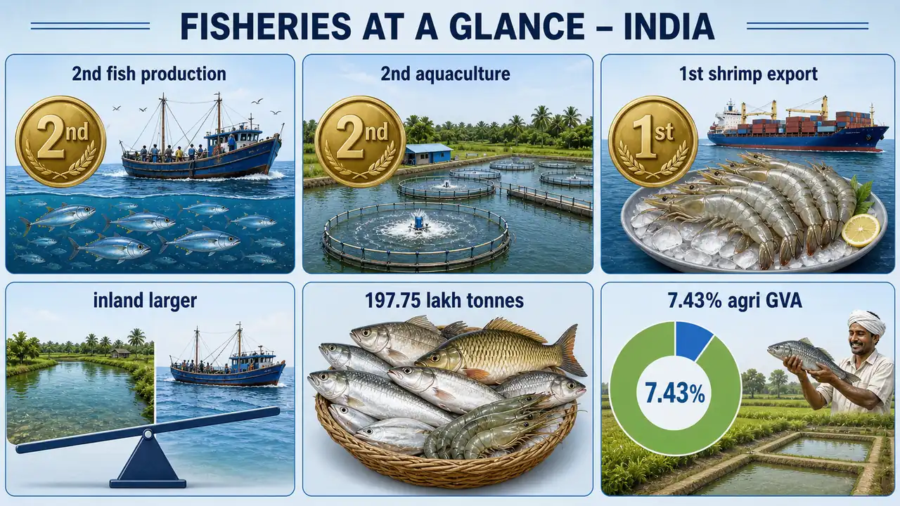 Overview of India's fisheries sector showing production rank, exports, inland dominance, and agriculture contribution