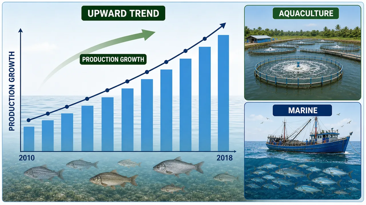 Fish production trend board showing steady upward growth with aquaculture and marine production cues
