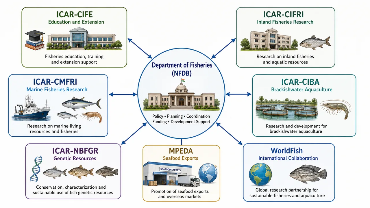 Fisheries institutional network showing Department of Fisheries, NFDB, ICAR fisheries institutes, MPEDA, and WorldFish collaboration roles
