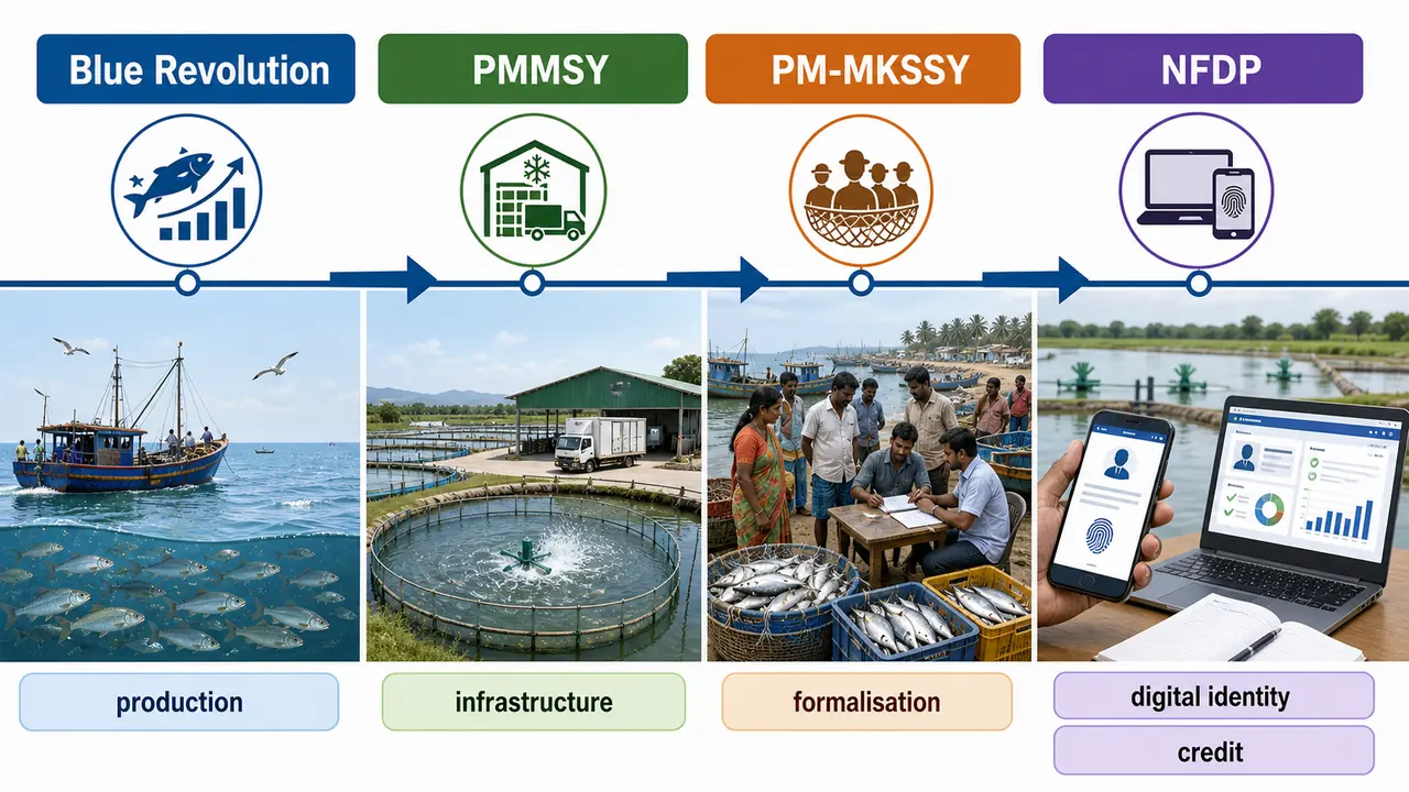 Timeline of major fisheries schemes showing progression from Blue Revolution to PMMSY, PM-MKSSY, and digital fisheries governance