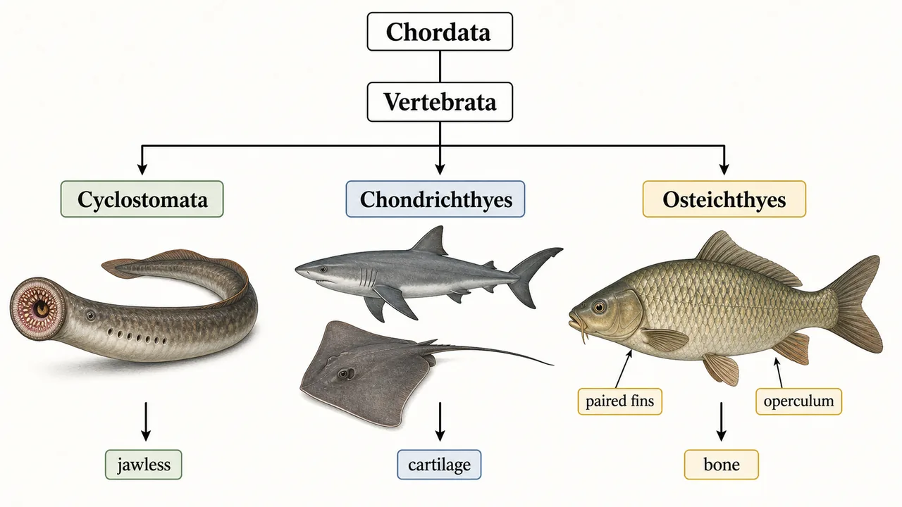 Fish taxonomy board showing chordates, vertebrates, and the three main fish classes