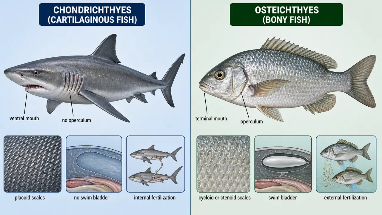 Chondrichthyes comparison board showing cartilaginous body plan, exposed gill slits, and ventral mouth