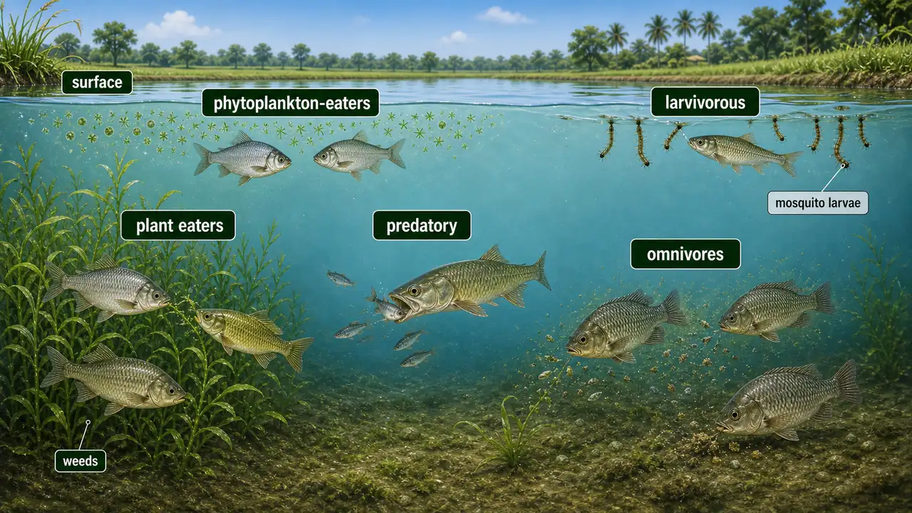 Fish feeding habits classification showing phytoplankton eaters, plant eaters, predatory fish, omnivores, and larvivorous fish