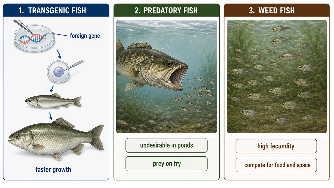 Fisheries management board showing transgenic fish concept, predatory fish, and weed fish in pond management