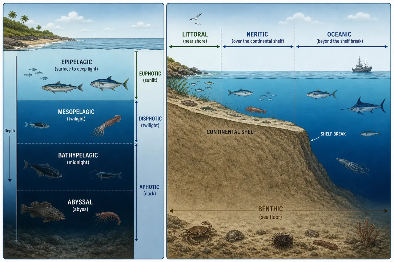 Ocean zones overview showing vertical depth layers, light zones, continental shelf, neritic waters, and benthic floor