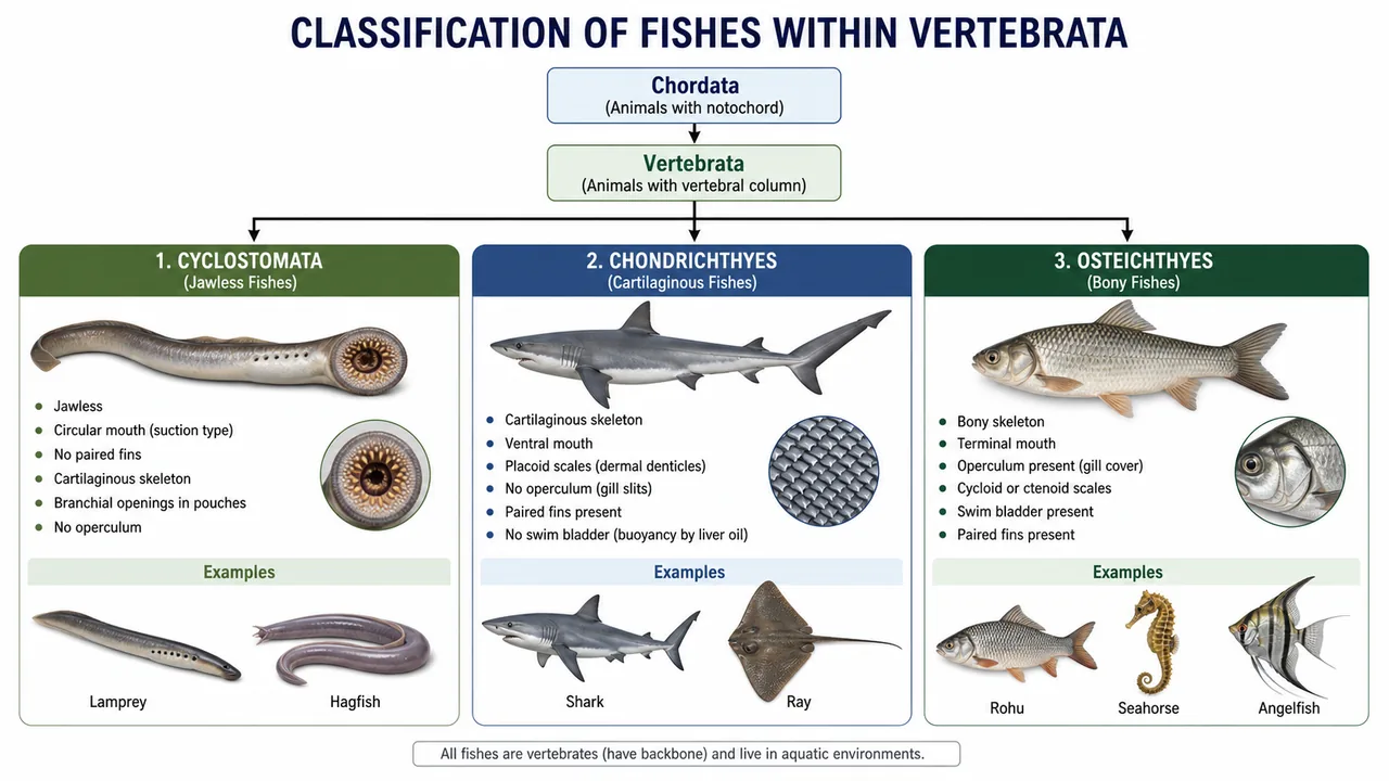 Fish taxonomy diagram showing Vertebrata classification into Cyclostomata, Chondrichthyes, and Osteichthyes