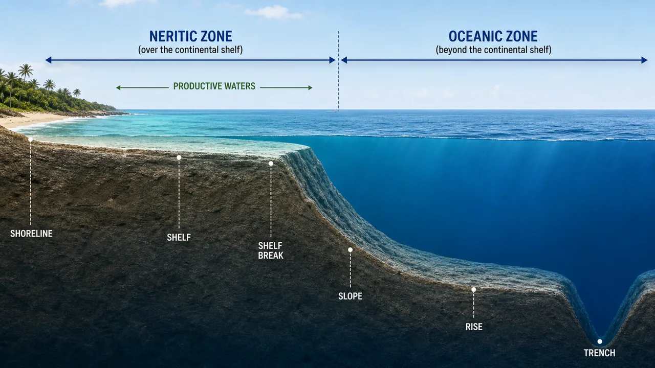 Ocean structure diagram showing shoreline, continental shelf, slope, rise, trench, neritic zone, and oceanic zone
