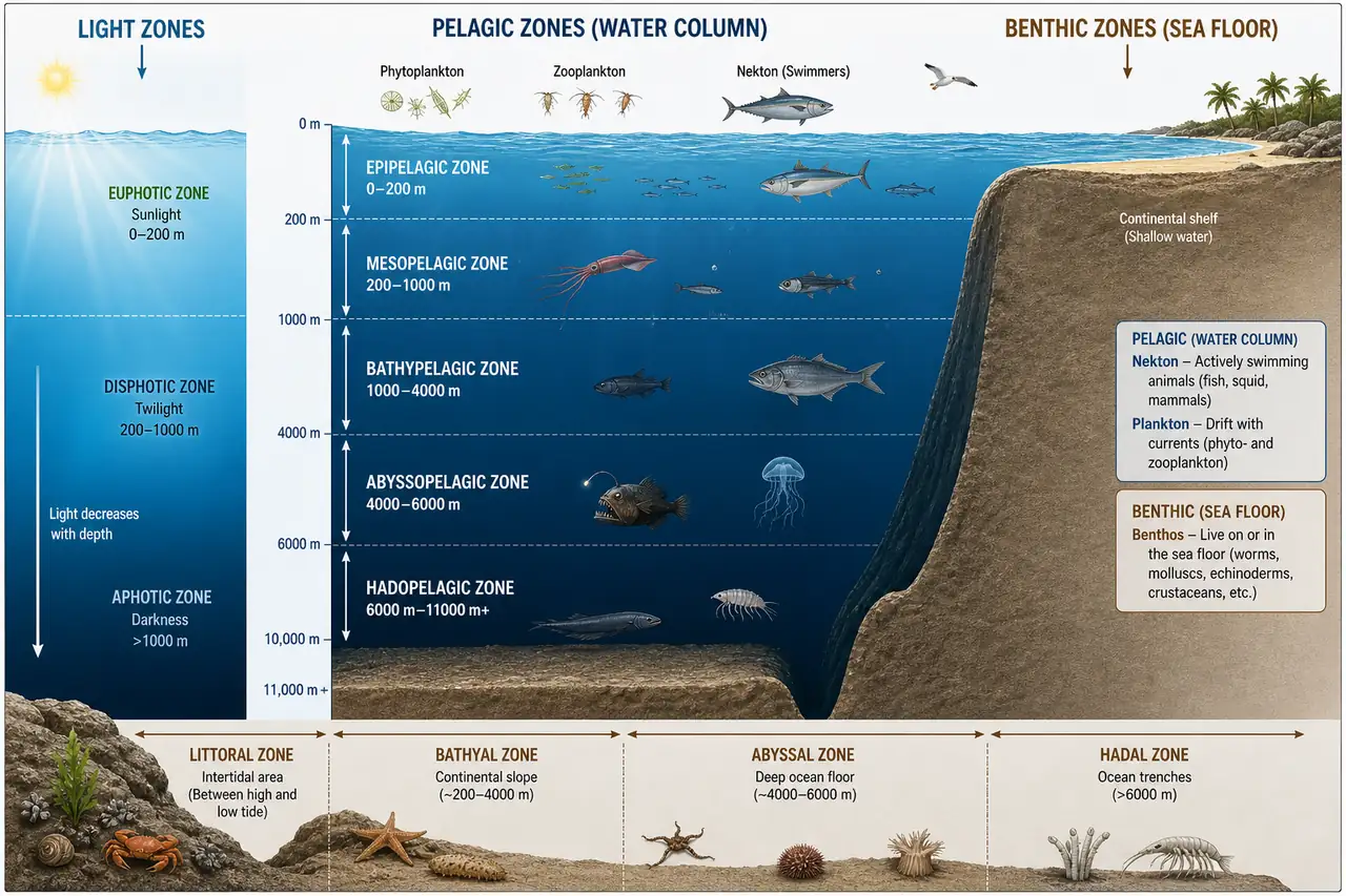 Combined diagram of pelagic zones, benthic zones, and light penetration in the ocean