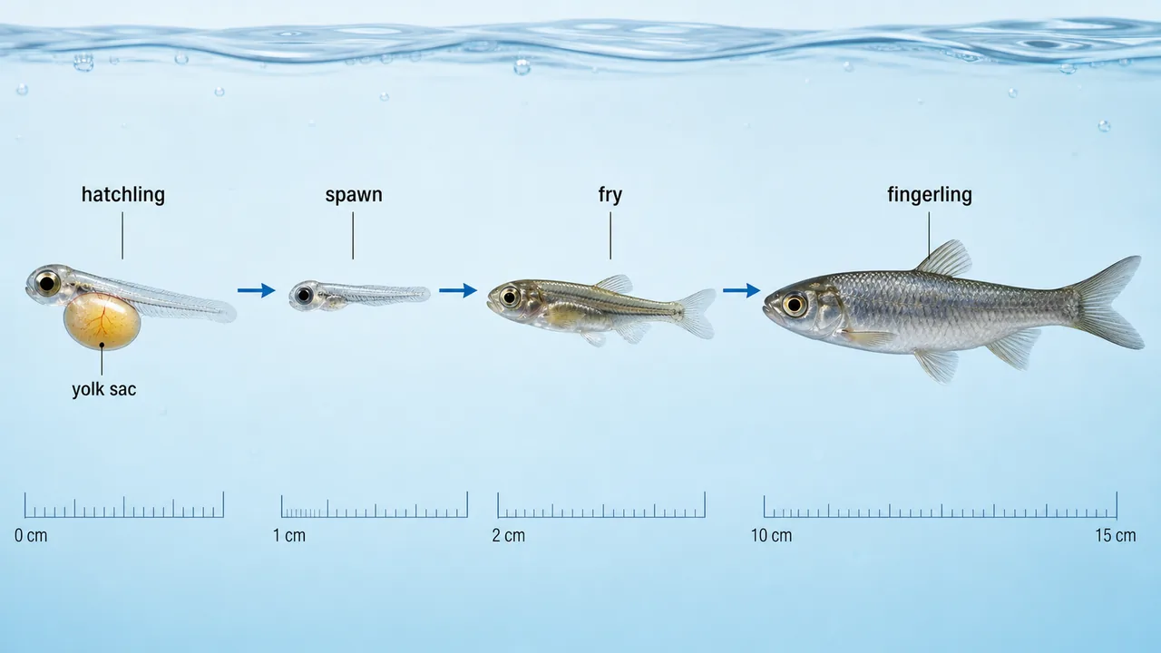 Fish seed stage board showing hatchling, spawn, fry, and fingerling in sequence