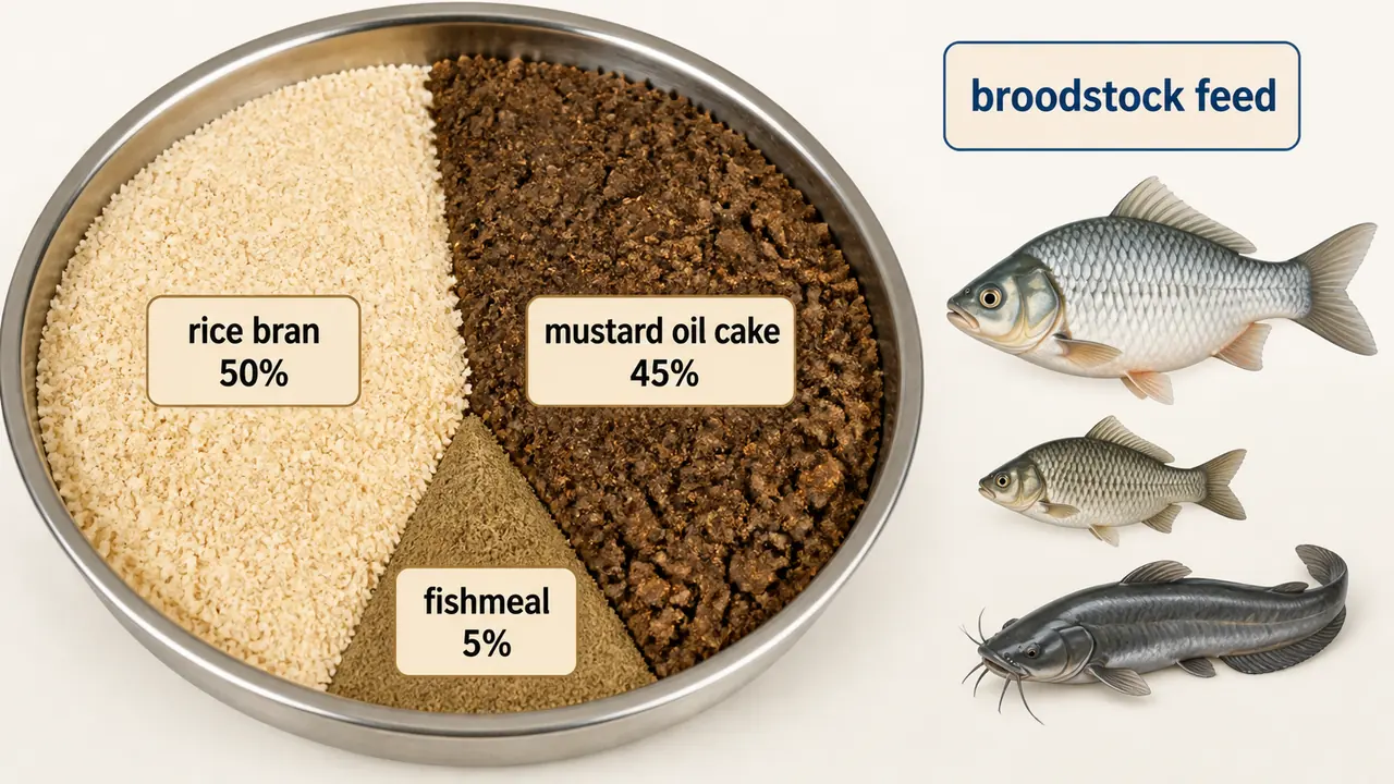Broodstock feed board showing rice bran 50 percent, mustard oil cake 45 percent, and fishmeal 5 percent