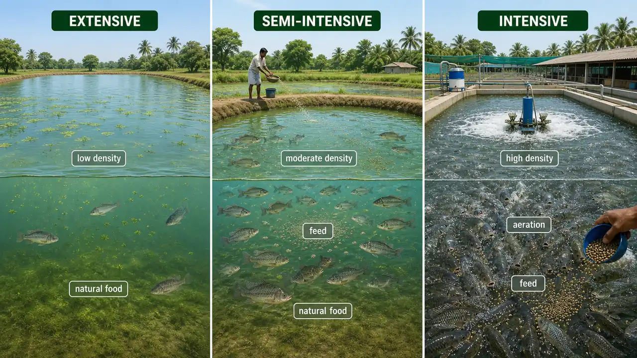 Extensive, semi-intensive, and intensive fish culture compared by pond size, stocking density, feed use, and aeration