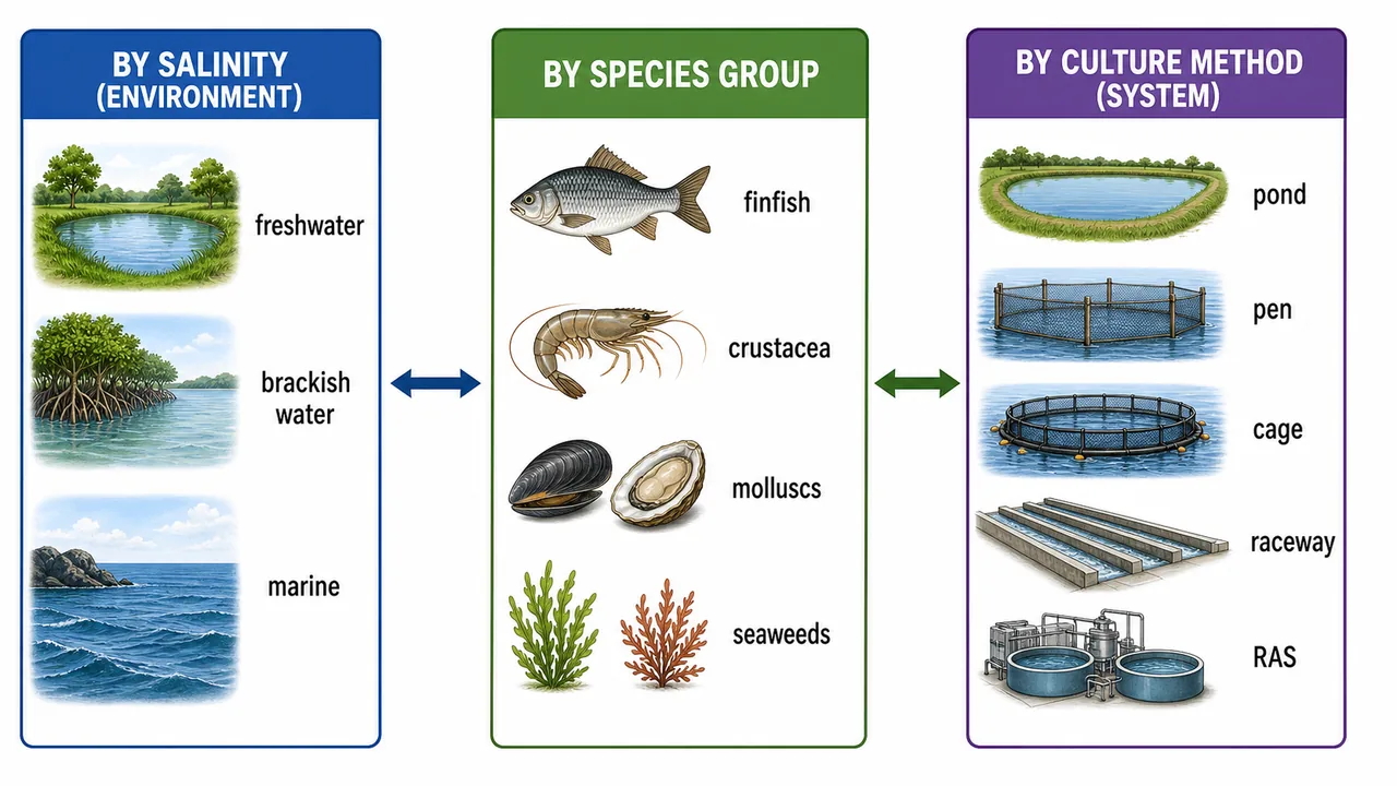 Aquaculture overview map showing farming environments, species groups, and culture methods