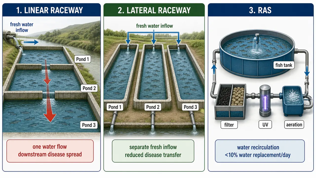 Raceway and RAS comparison showing linear raceway, lateral raceway, and recirculating aquaculture system