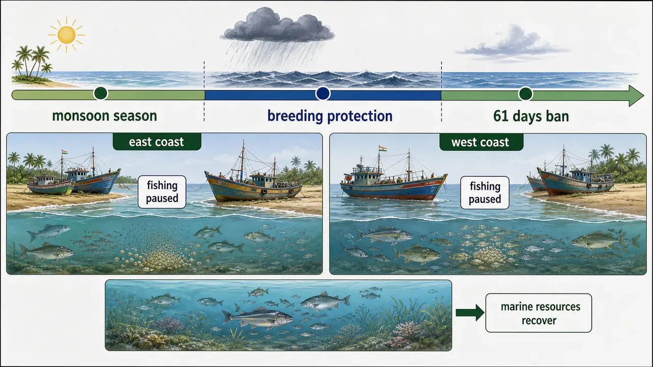 Marine fishing-ban board showing monsoon breeding season, 61-day ban, and fishery-resource recovery