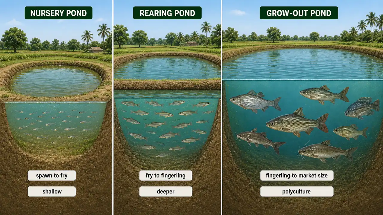 Nursery, rearing, and grow-out fish ponds compared by growth stage, pond depth, and stocking purpose