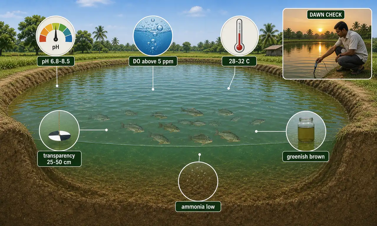 Fish pond water quality diagram showing pH, dissolved oxygen, temperature, transparency, water colour, and ammonia warning