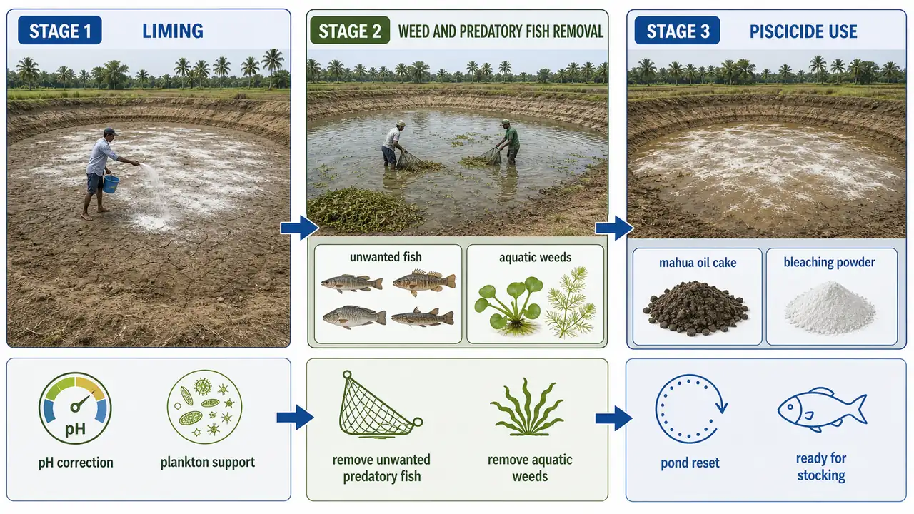 Aquaculture water-quality setup board showing liming before manuring and pH correction for pond production